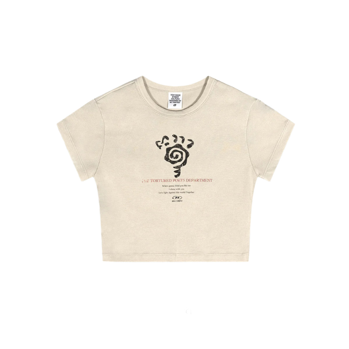 Beige cropped T-shirt featuring a black and red graphic print, laid flat against a white background