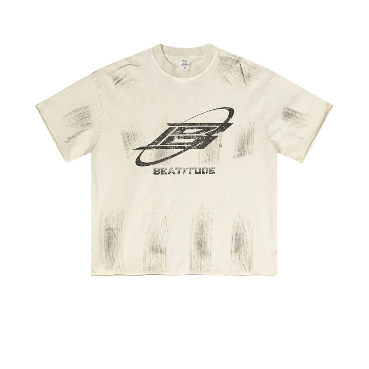 Flat lay of vintage white Beattube t-shirt with faded logo