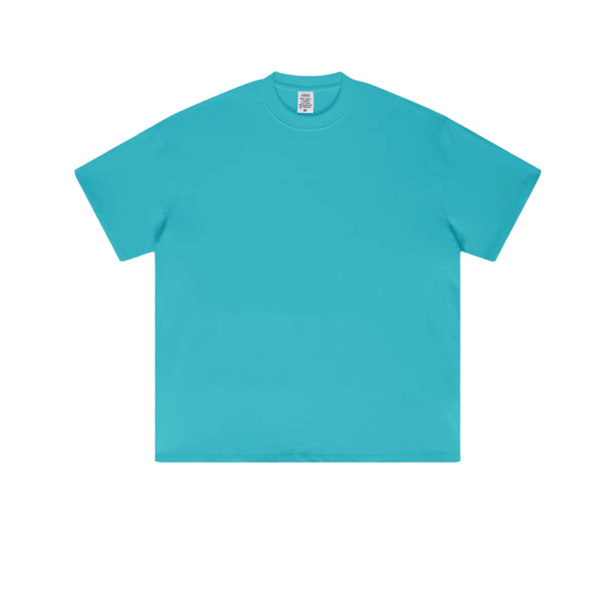 Turquoise blue oversized t-shirt with crew neck and drop shoulder design photographed flat against white background.