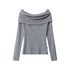 Gray, off-shoulder long-sleeve sweater with a wide neckline, isolated on a white background.