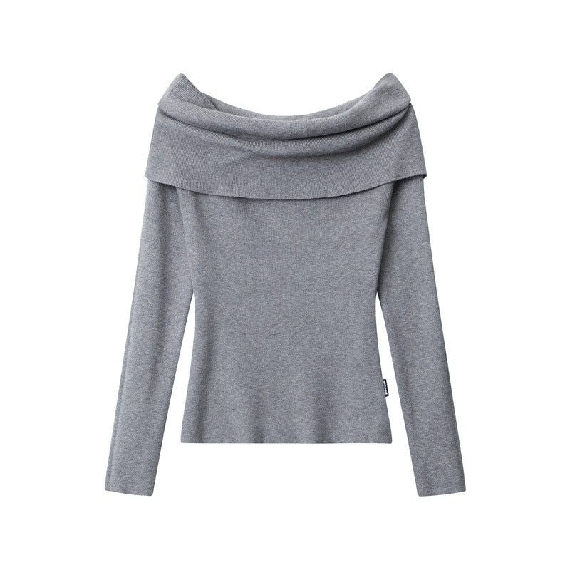 Gray, off-shoulder long-sleeve sweater with a wide neckline, isolated on a white background.