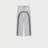 Product shot of light gray track pants with black double side stripes, showing elastic waistband and ankle zip closure
