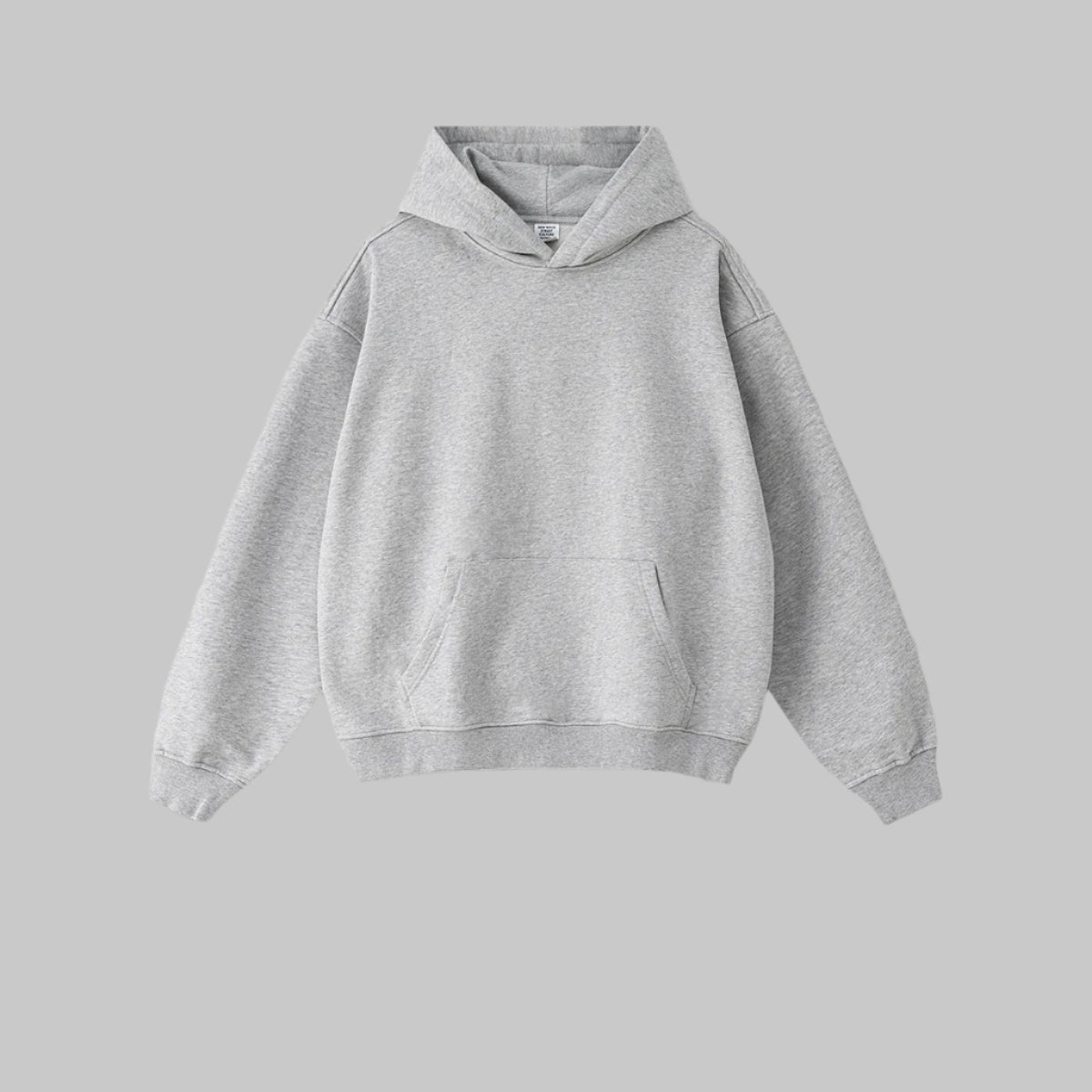 Heather gray hoodie with kangaroo pocket and drawstring hood on light background
