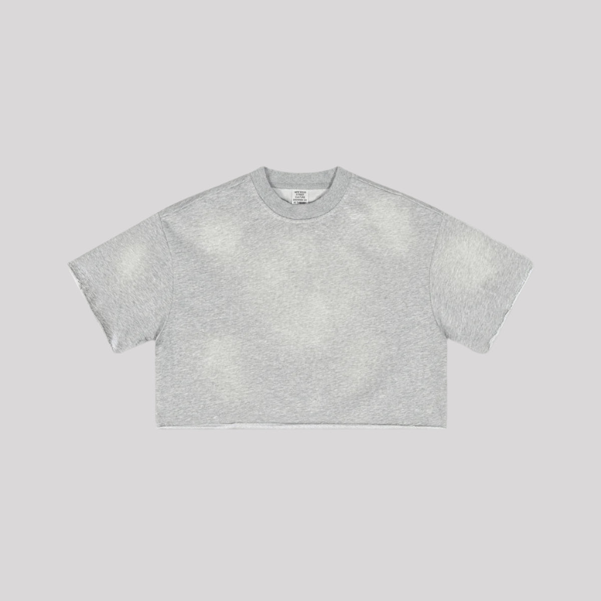 Light heather gray cropped t-shirt with crew neck displayed flat against light gray background