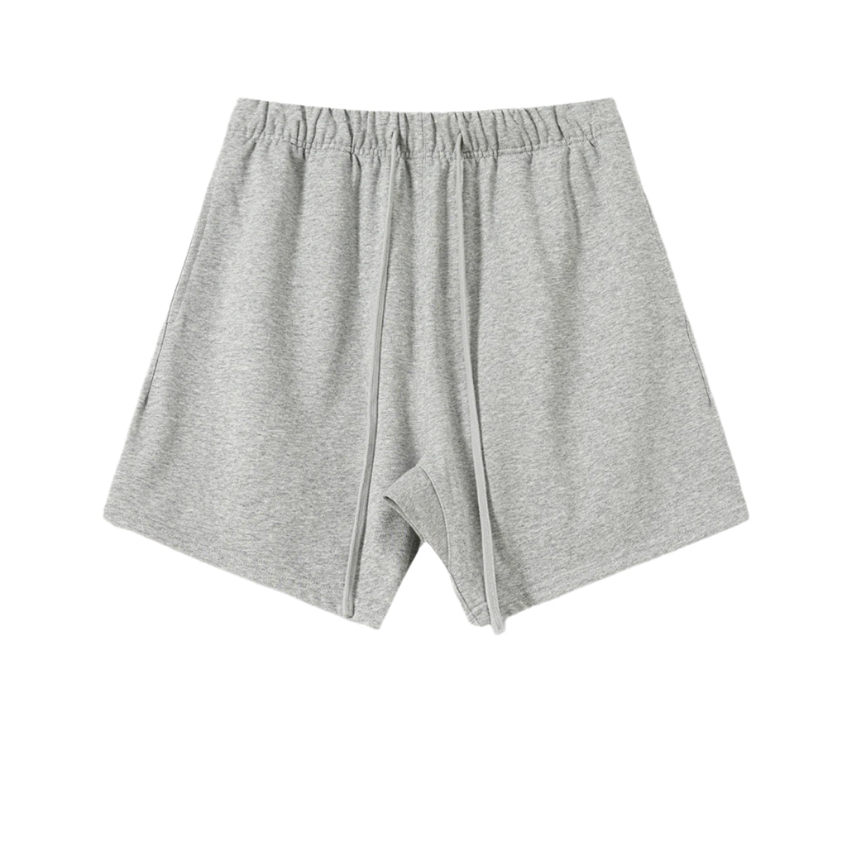 Heather gray cotton shorts with elastic waistband and drawstring, displayed flat against white background