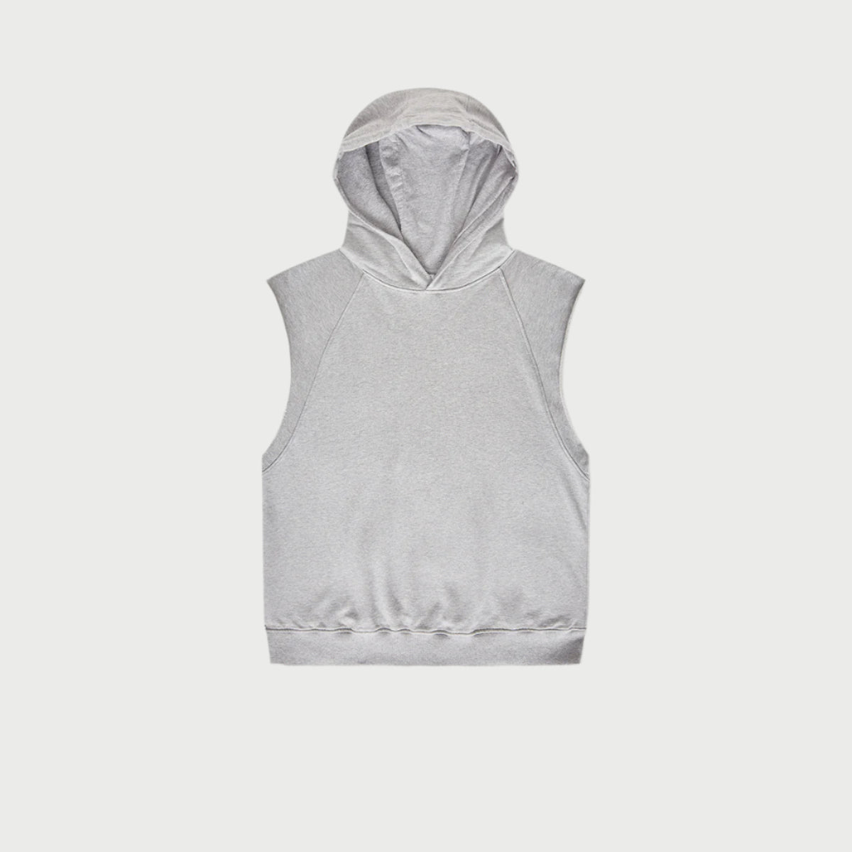 Light heather gray sleeveless hoodie with hood detail displayed flat against white background