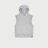 Light heather gray sleeveless hoodie with hood detail displayed flat against white background