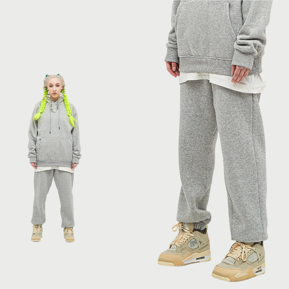 Model with neon yellow braids wearing gray hoodie and sweatpants set with white undershirt and accessories