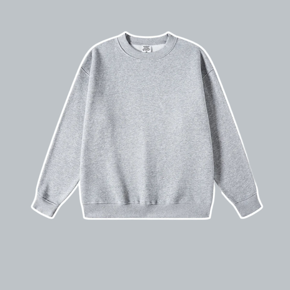 Heather gray crewneck sweatshirt with ribbed collar, cuffs and hem displayed against light gray background