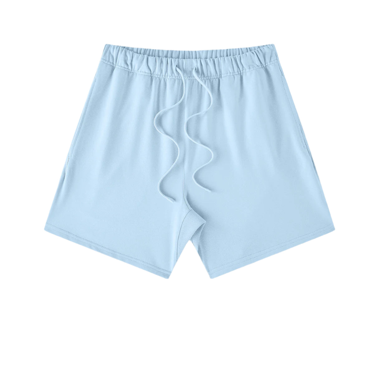 A light blue pair of shorts with elastic waistband and white drawstrings displayed on a white background