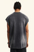 Back view of dark gray sleeveless tee with no graphic