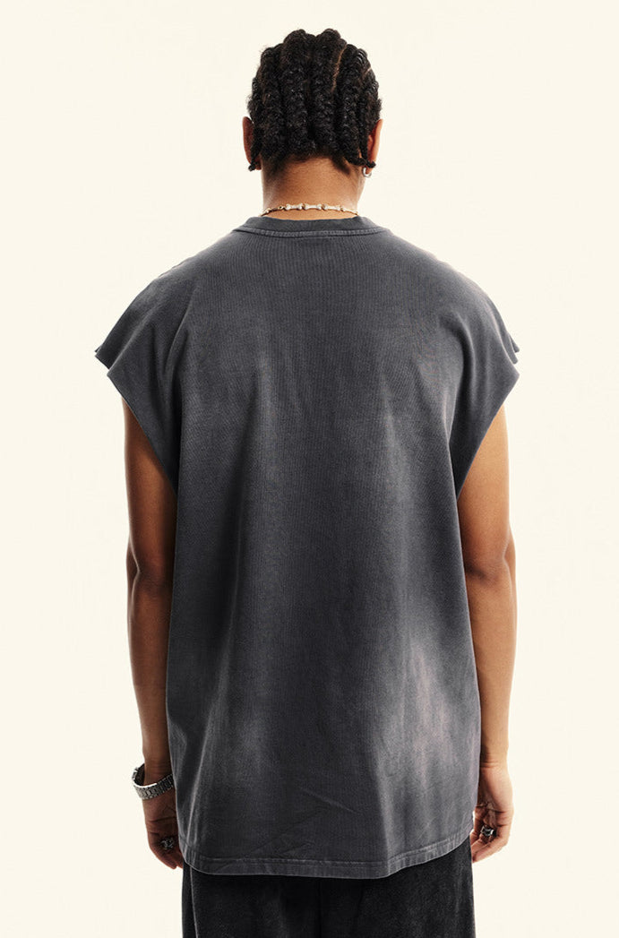 Back view of dark gray sleeveless tee with no graphic