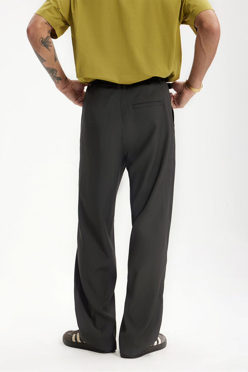 Rear angle of dark gray mens dress pants showing clean silhouette