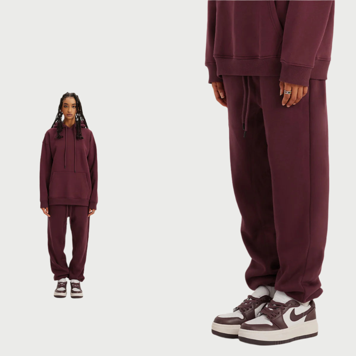 Model wearing burgundy hoodie and sweatpants set with Nike sneakers against white background, split-view showing full outfit and pant details