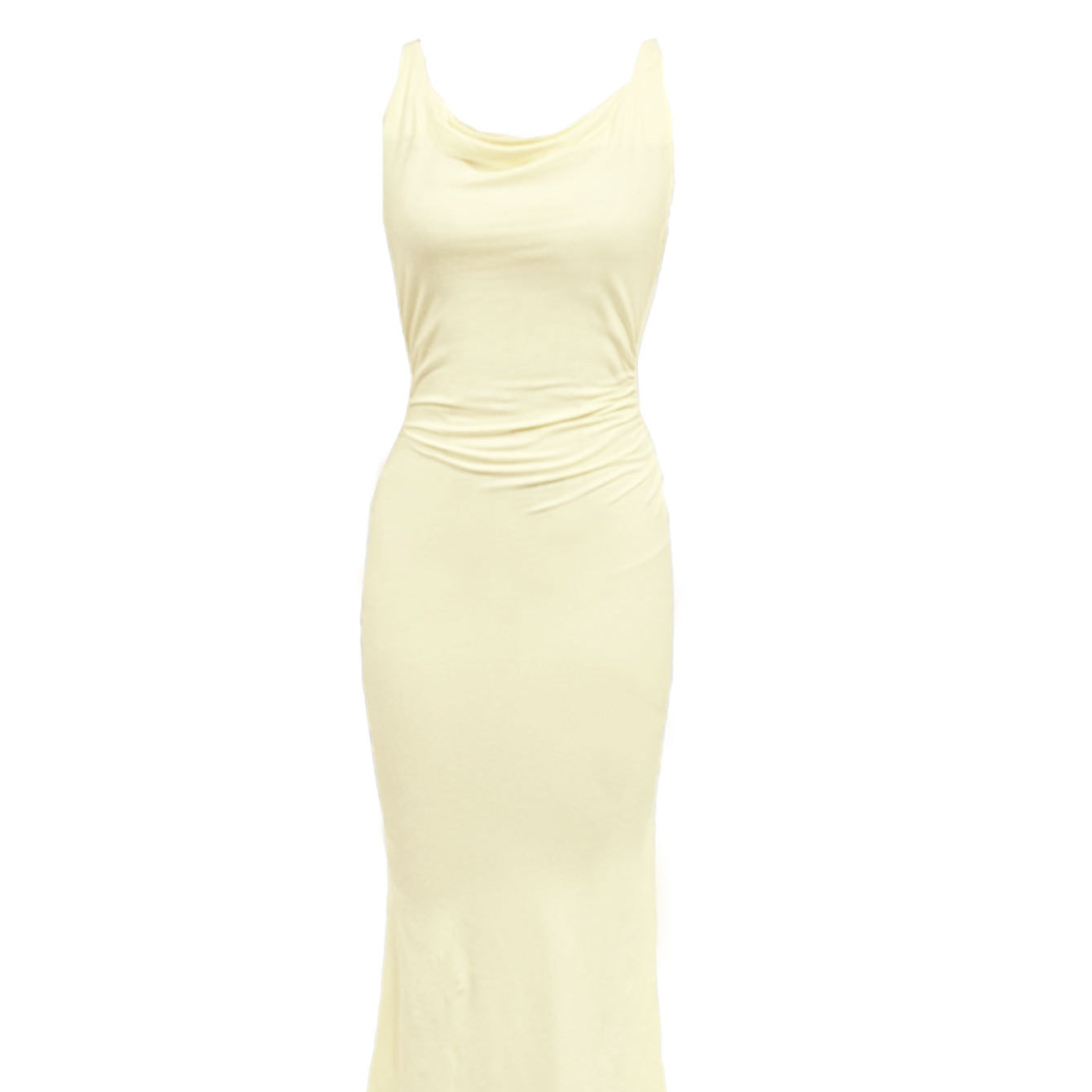 Beige cowl neck sleeveless midi dress shown in full-length product view with slim fit design.