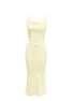 Beige cowl neck sleeveless midi dress shown in full-length product view with slim fit design.