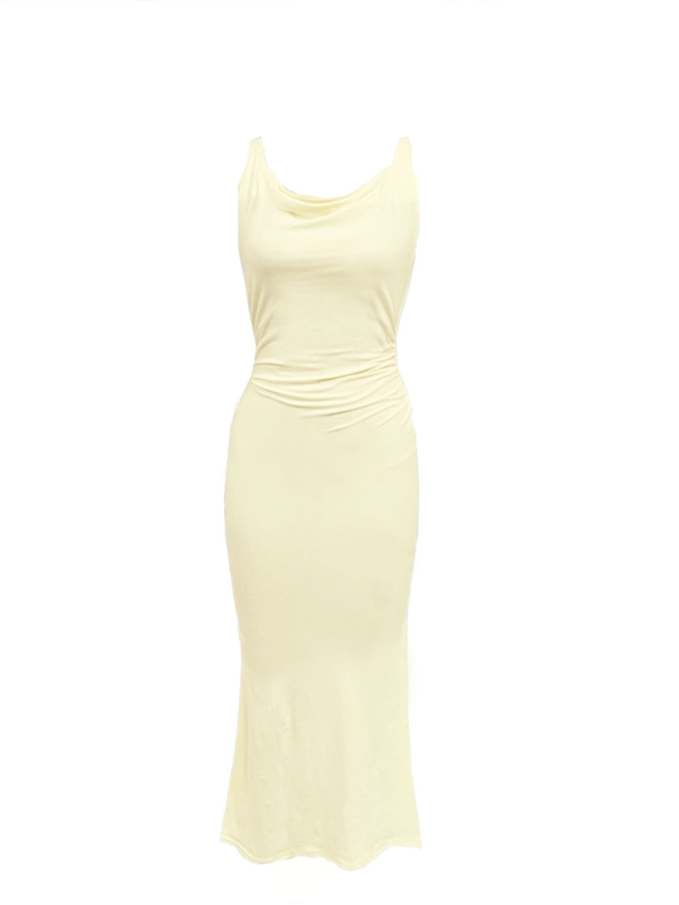 Beige cowl neck sleeveless midi dress shown in full-length product view with slim fit design.