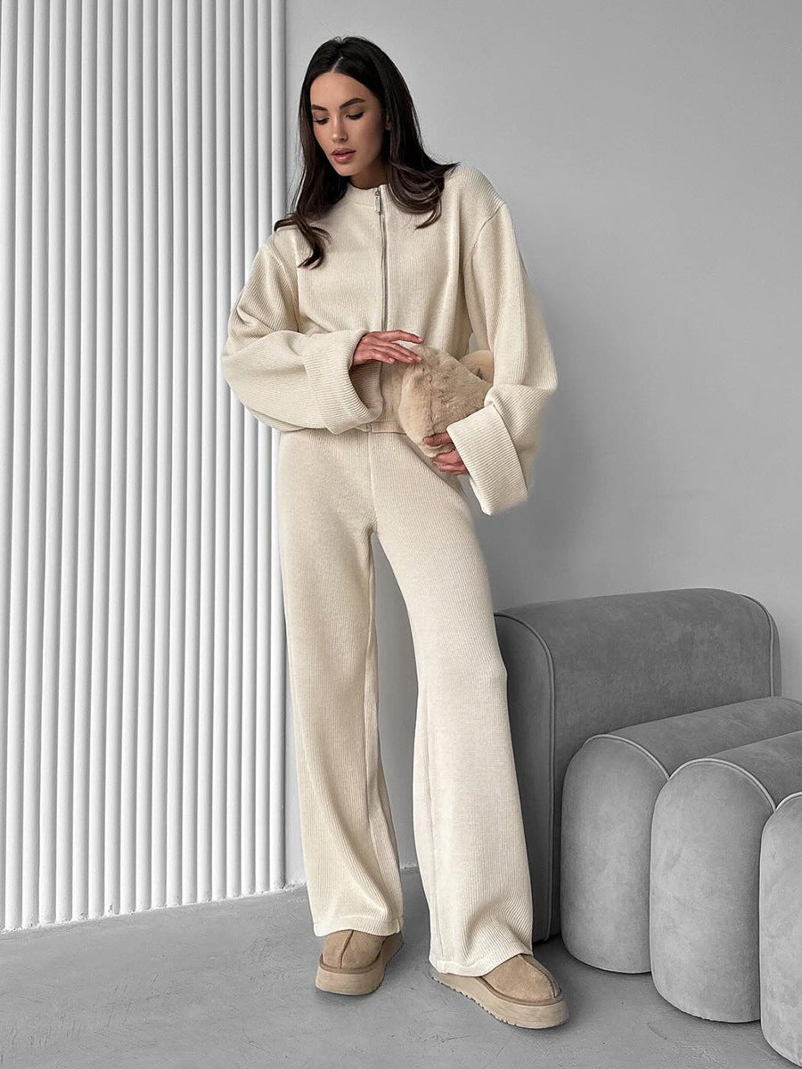 Cozy beige knit lounge set with oversized sleeves