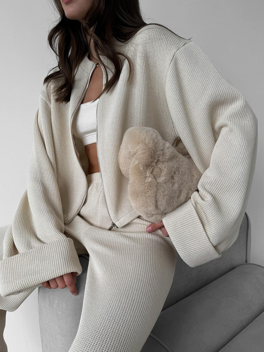 Side view of beige knit lounge set with wide leg pants