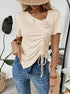 Front view of beige short sleeve top with ruched detail