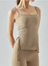 Side view of woman in beige cooling tank top with ruched drawstring detail.