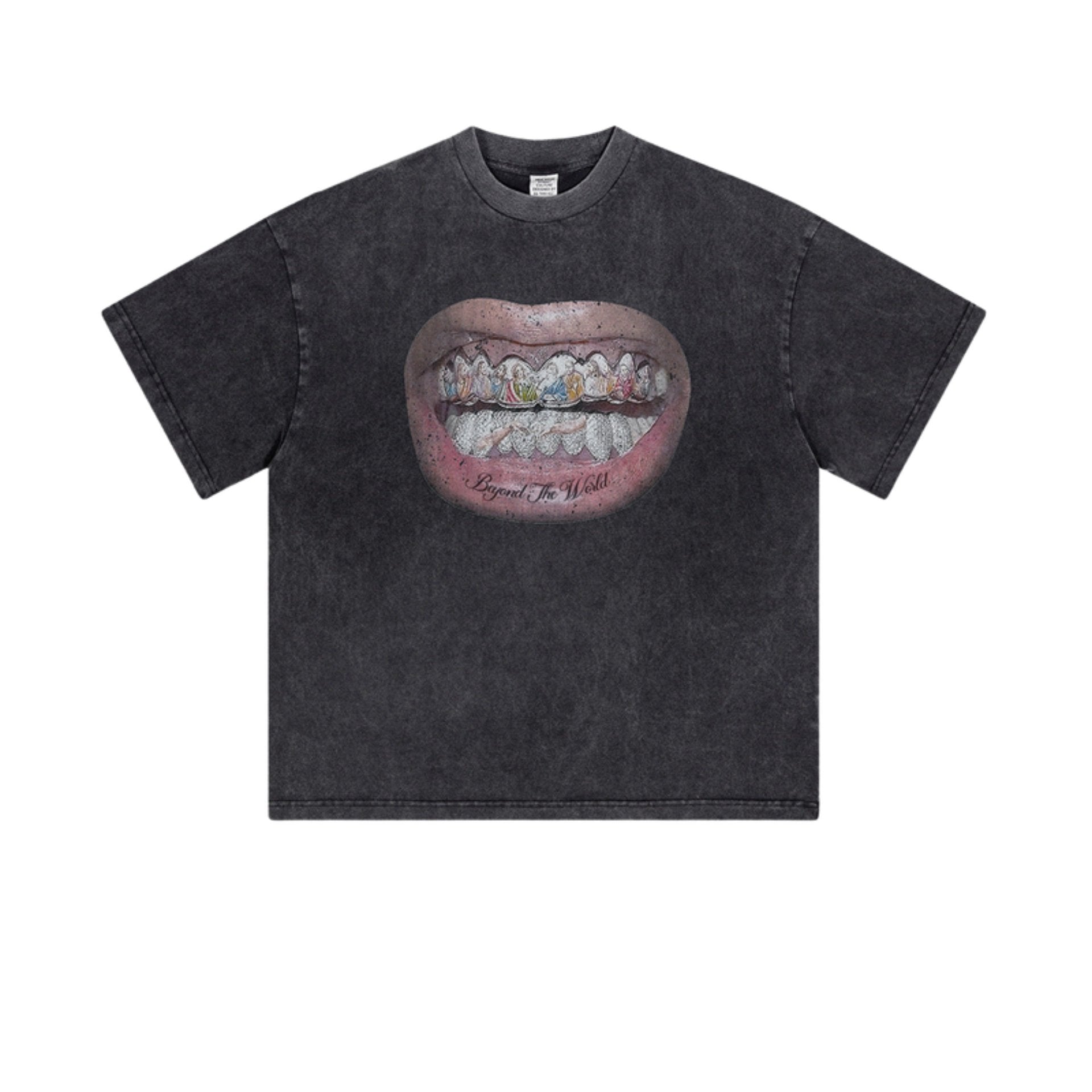 Black graphic T-shirt laid flat with hyper-detailed mouth and jeweled teeth design.