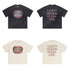 Flat lay of black and off-white graphic tees showing front and back designs.