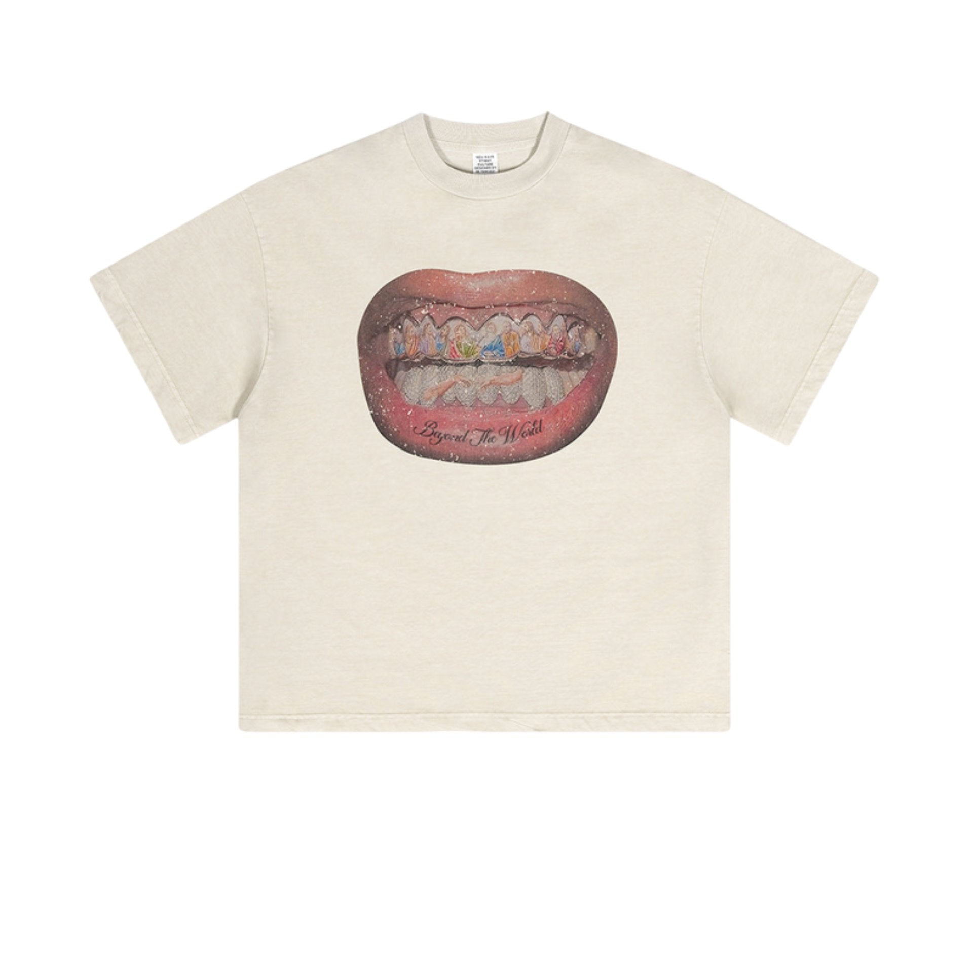 Off-white T-shirt laid flat with mouth and grillz graphic reading 'Beyond the World.