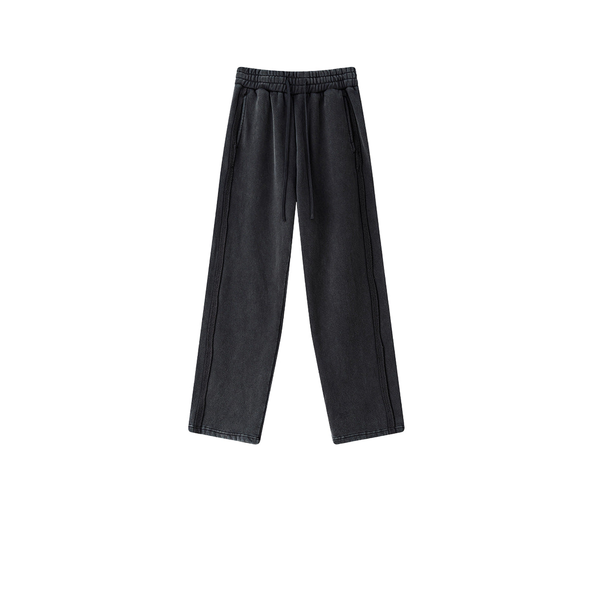 Black baggy wide leg sweatpants, flat lay front, fleece-lined