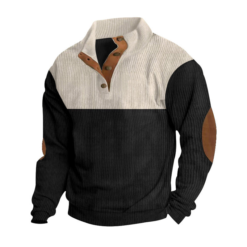 black and beige corduroy button sweatshirt for men with elbow patches