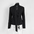 Black tailored blazer displayed on hanger front view