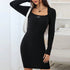 black bodycon mini dress long sleeve square neck angled view