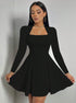 Black long sleeve dress with square neckline and flared A-line hem shown in elegant front pose.