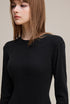 Black long sleeve bodycon dress, ribbed knit, close-up of crew neck and sleeves