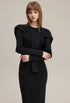Black long sleeve bodycon dress and shawl set, front view with tie detail