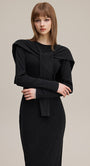 Black long sleeve bodycon dress and shawl set, front view with tie detail