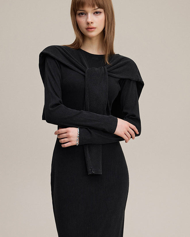 Black long sleeve bodycon dress and shawl set, front view with tie detail
