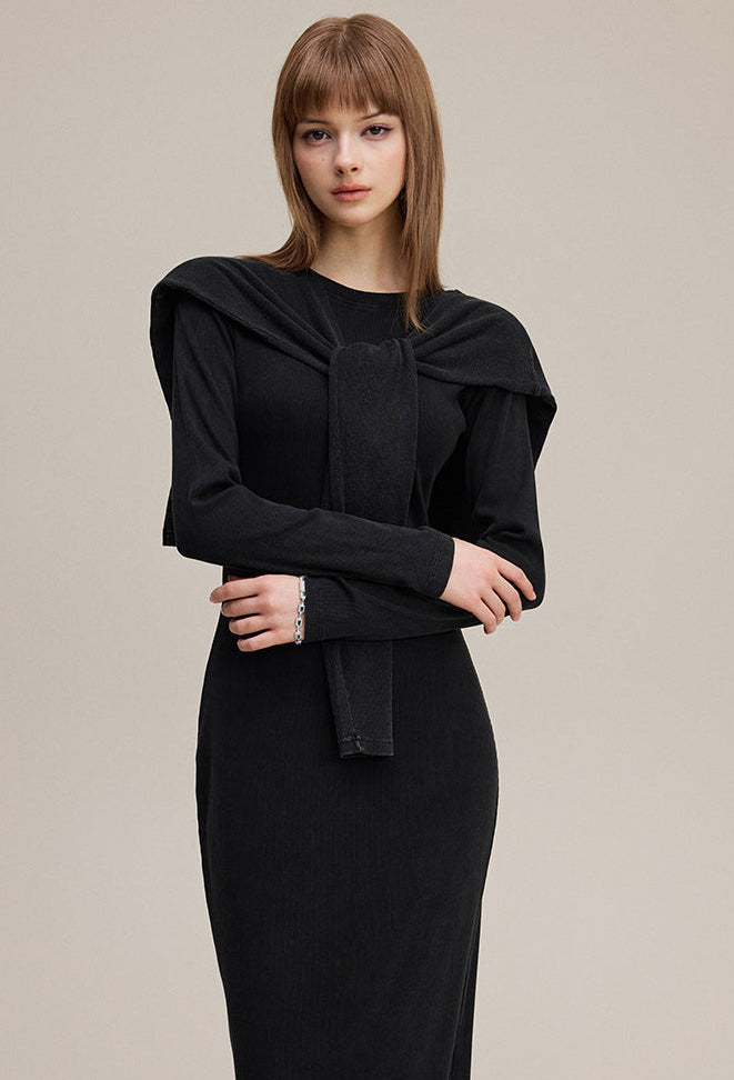 Black long sleeve bodycon dress and shawl set, front view with tie detail
