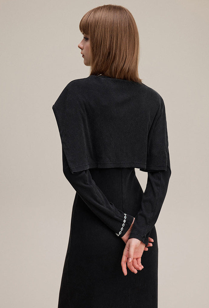 Back view of black long sleeve bodycon dress with matching shawl wrap