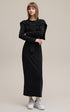 Black long sleeve bodycon dress with matching shawl, full length front view