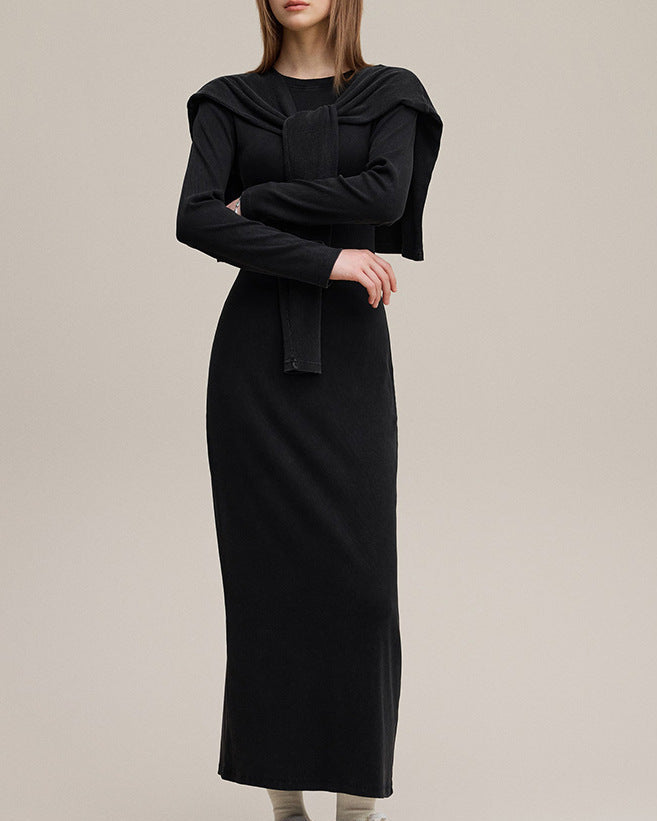Black long sleeve bodycon dress with matching shawl, full length front view