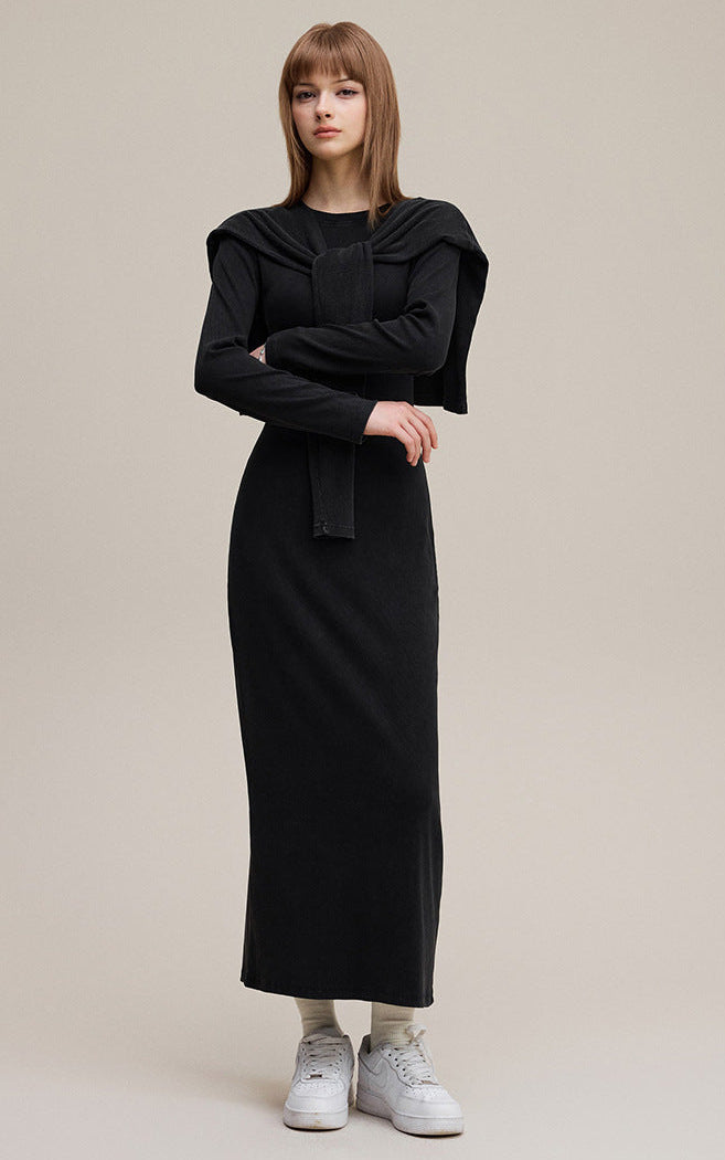 Black long sleeve bodycon dress with matching shawl, full length front view