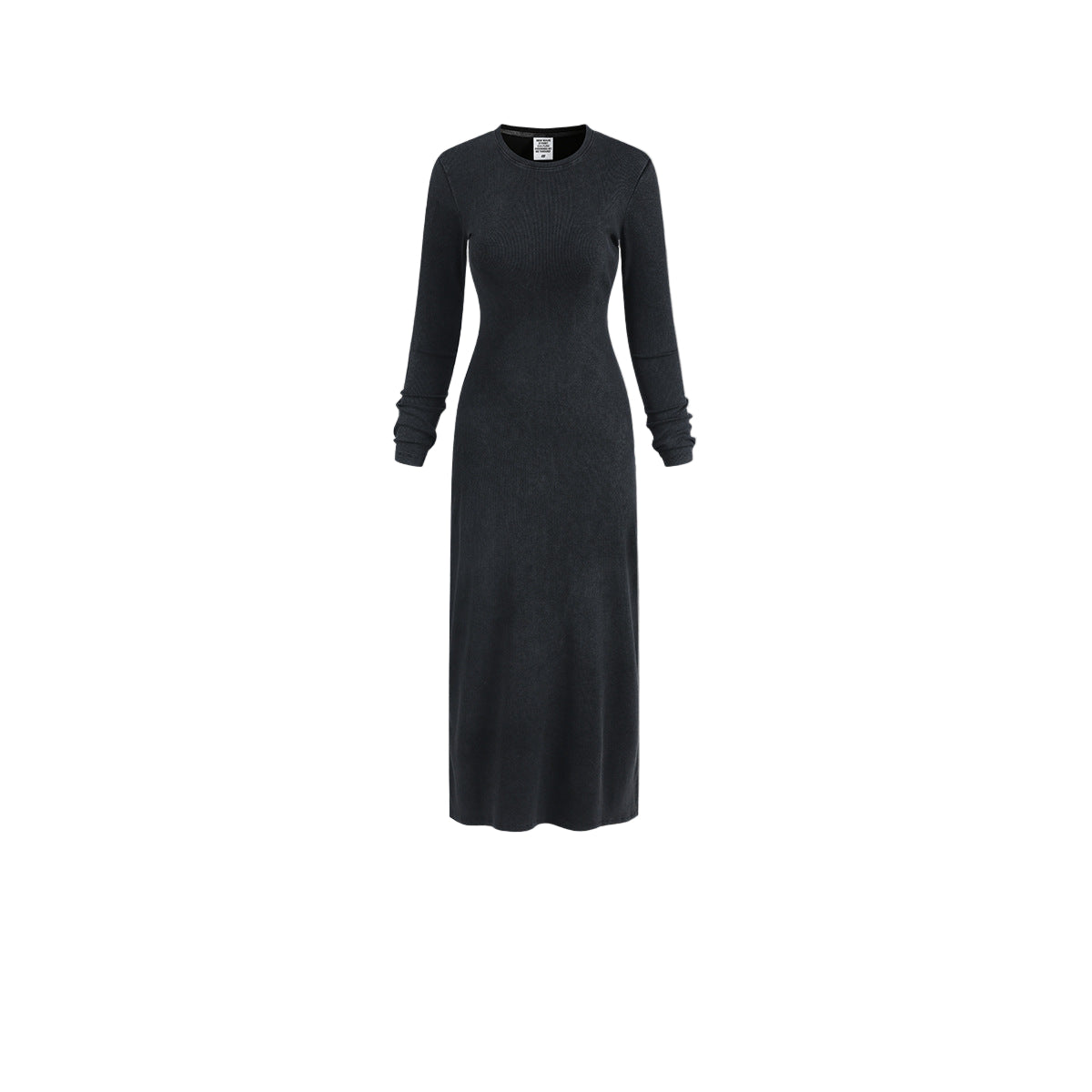 Black long sleeve bodycon dress for women, ribbed knit maxi, front view