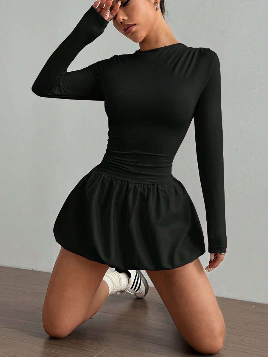 Women’s black mini dress with bubble skirt long sleeve cocktail style outfit
