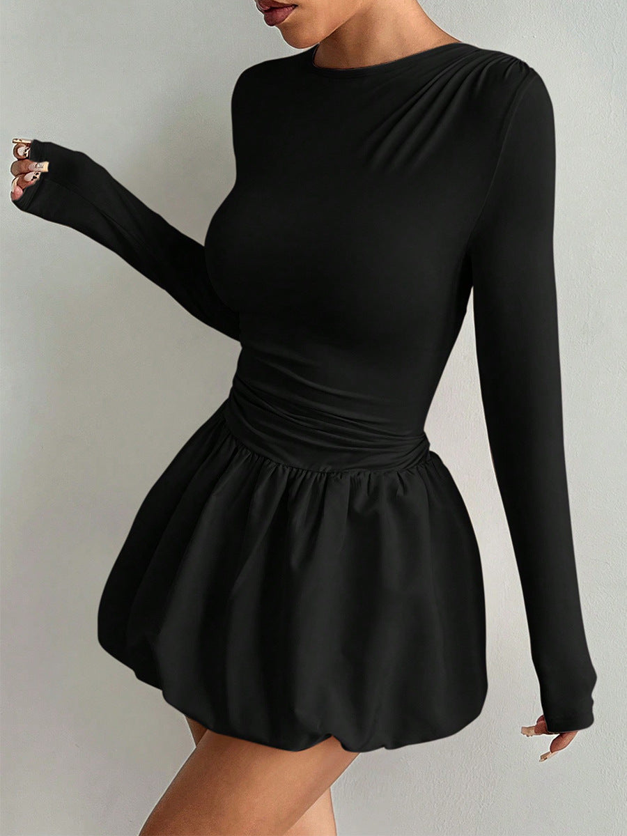 Black cocktail dress women’s long sleeve mini dress with bubble skirt side view