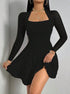 Black long sleeve mini dress with square neckline and flared A-line skirt shown in motion front view.