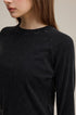 Close-up neckline of black slim raglan long sleeve tee