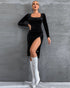 Black long sleeve velvet bodycon dress with square neckline and side slit shown in confident front pose.