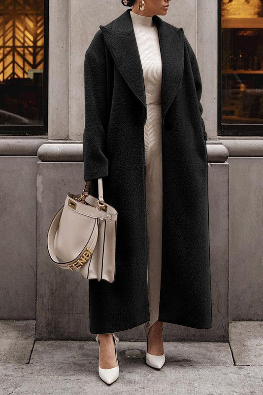 Black long teddy lapel winter coat, minimalist street style
