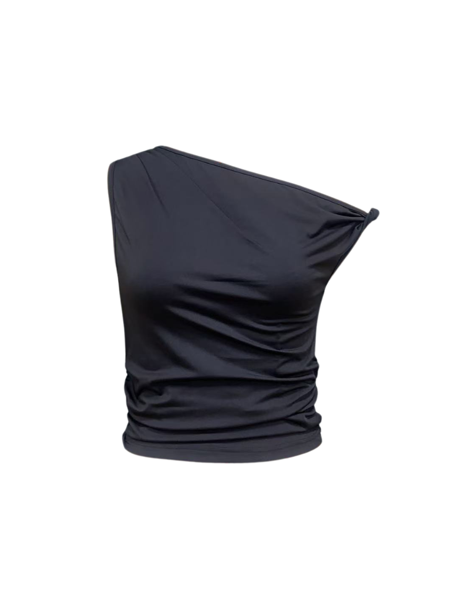Flat lay of black off-shoulder top
